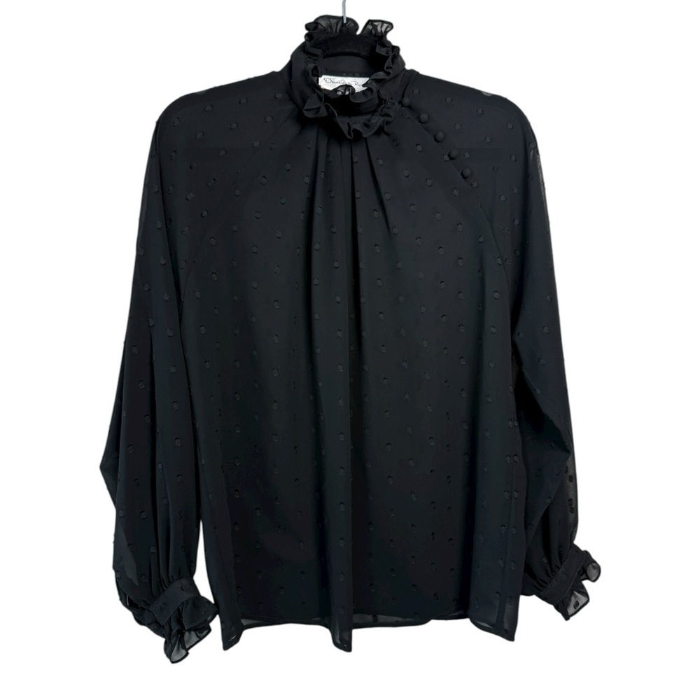 Oscar de la Renta Sport Polkadot Ruffle Victorian Blouse Top Size 6 Black Sheer